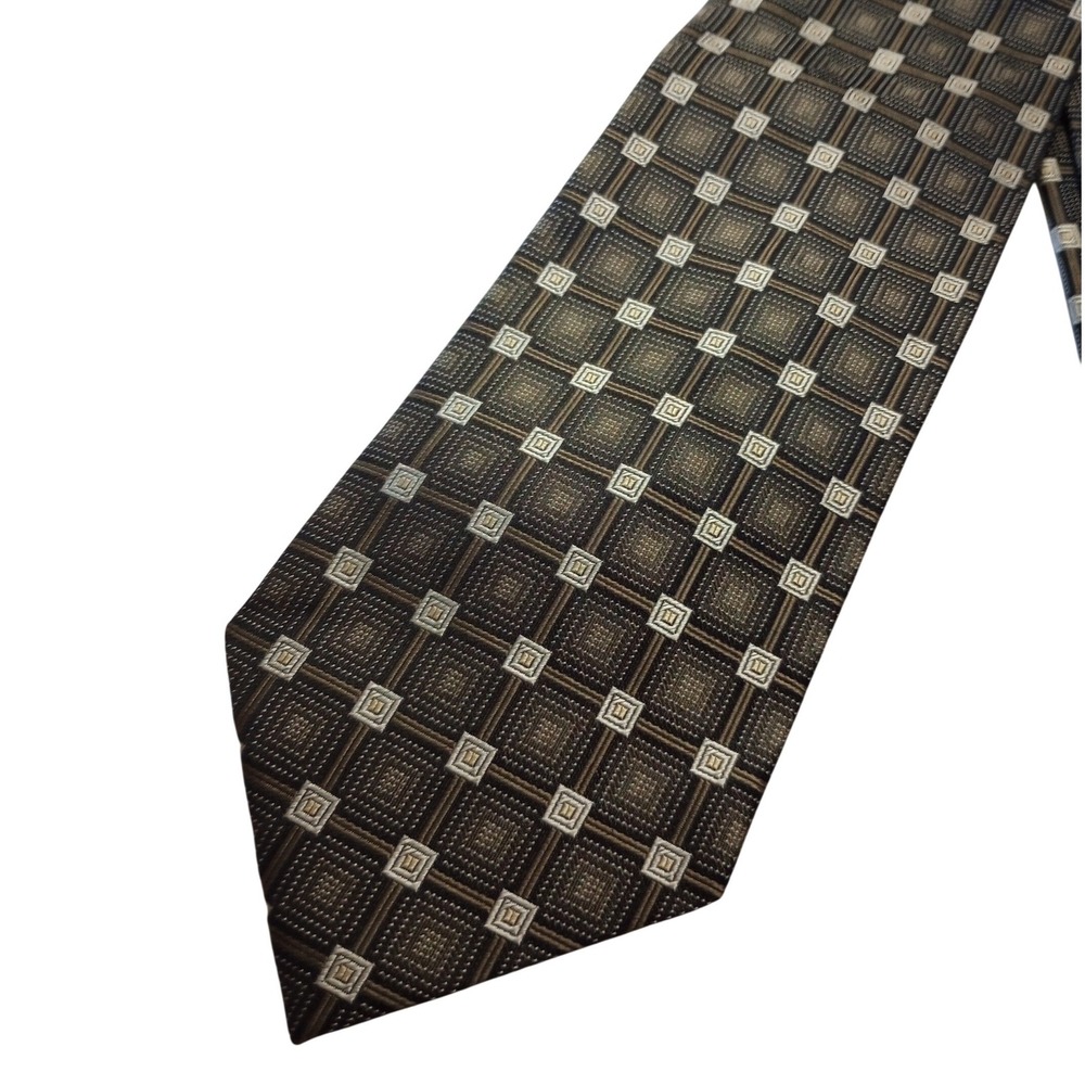 Roberto Villini Collezione Mens Silk Tie Olive Green Bronze Geometric Square NEW
